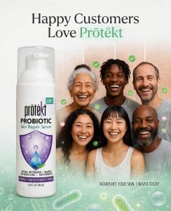 Happy customers with clear glowing skin using Prōtëkt® Probiotic Skin Repair Serum – real results for acne, eczema, rashes, and sensitive skin relief