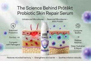The Science Behind the Prōtëkt® Probiotic Repair Serum infographic showing unbalanced vs balanced skin microbiome, stabilized probiotics competing with pathogens, consuming biofilm, and restoring skin barrier with deep hydration