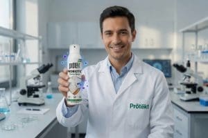 Prōtëkt scientist in laboratory holding Probiotic Home Allergen Control Spray – research-backed natural probiotic formula for dust mites and allergens