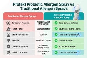 Prōtëkt Probiotic Allergen Spray vs Traditional Allergen Sprays comparison – superior allergen and dust mite control, long-lasting action, and family safety