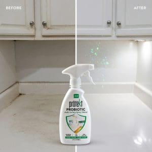 Before and after using Prōtëkt Probiotic Multi Surface Cleaner – dull grimy surface vs sparkling clean counter with probiotic protection