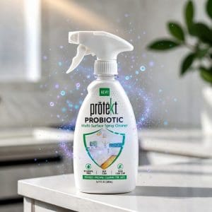 Prōtëkt Probiotic Multi Surface Cleaner 500 mL spray bottle on clean kitchen counter with glowing probiotic particles – natural probiotic multi surface cleaner for long-lasting protection