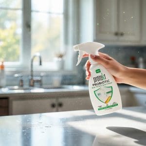 Person spraying Prōtëkt Probiotic Multi Surface Cleaner 500 mL onto a sparkling kitchen counter – ready-to-use probiotic cleaner spray in action