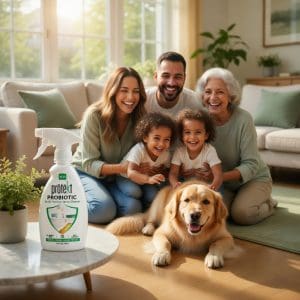 Happy family and dog in a clean home with Prōtëkt Probiotic Multi Surface Cleaner 500 mL – family safe and pet safe natural probiotic cleaner