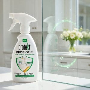 Prōtëkt Probiotic Multi Surface Cleaner 500 mL next to a perfectly streak-free glass mirror – natural probiotic cleaner spray for glass and stainless steel