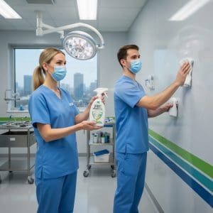 Healthcare professionals using Prōtëkt Probiotic Multi Surface Cleaner in a medical facility – demonstrating professional-grade probiotic cleaning and disinfection in hospitals and healthcare settings