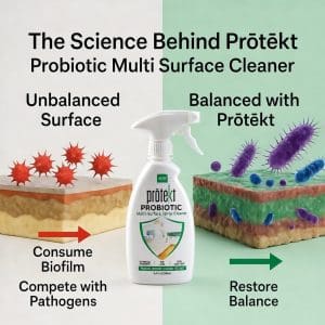 The Science Behind Prōtëkt Probiotic Multi Surface Cleaner infographic showing unbalanced vs balanced microbiome – stabilized probiotics consuming biofilm and restoring surface balance