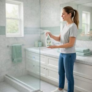 Woman spraying Prōtëkt Probiotic Multi Surface Cleaner in a modern bathroom shower – safe, natural probiotic cleaner with glowing particles showing continued cleaning action