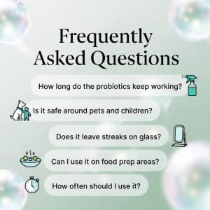 Frequently Asked Questions infographic for Prōtëkt Probiotic Multi Surface Cleaner – answers about probiotic duration, safety for pets and children, streak-free performance, and usage