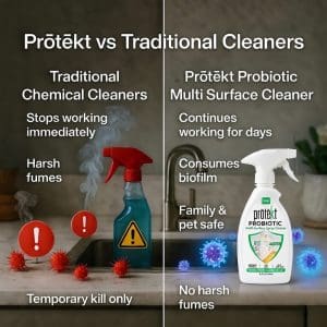 Prōtëkt Probiotic Multi Surface Cleaner vs traditional cleaners – probiotic formula continues working for days while chemical cleaners stop immediately