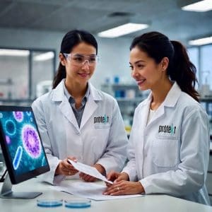 Prōtëkt scientists researching probiotic multi surface cleaner – studying stabilized Bacillus probiotics for effective natural cleaning and biofilm removal