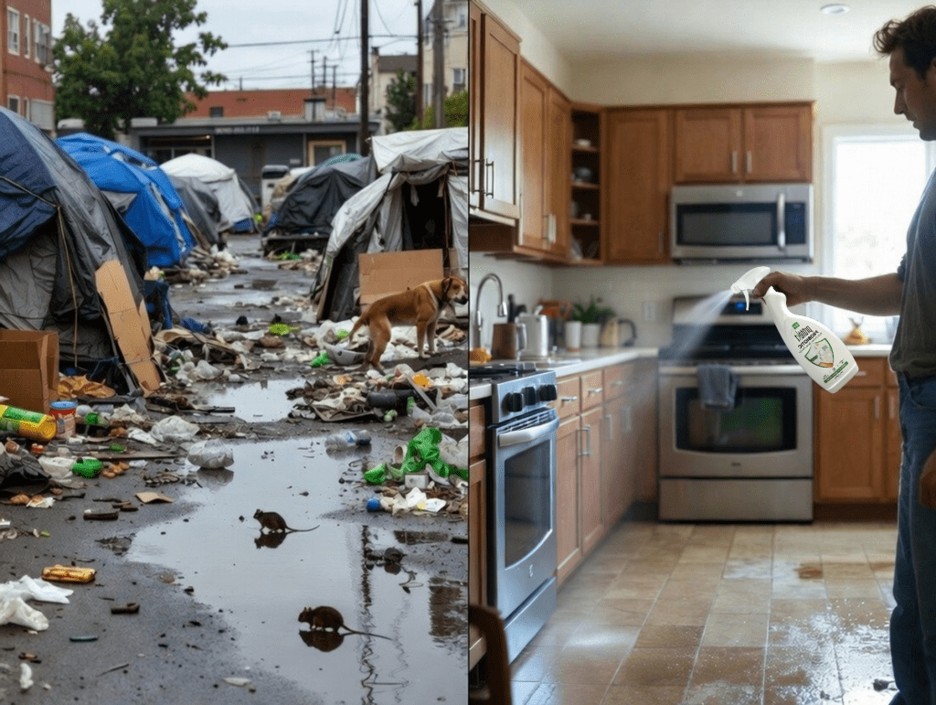 Split image: left shows flooded Berkeley encampment with rats and standing water risking leptospirosis; right shows person safely spraying probiotic cleaner in modern kitchen to prevent bacterial contamination at home.