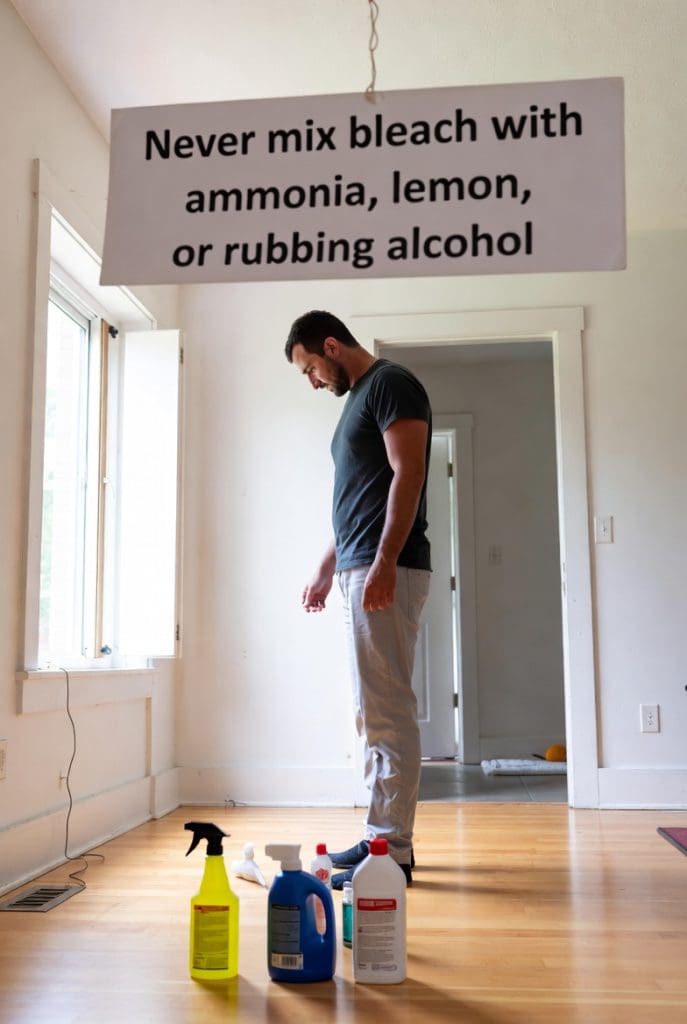 Dangerous bleach mixing warning: Avoid combining with ammonia, lemon, or rubbing alcohol to prevent toxic gas Man in empty room looking down at cleaning products on floor including bleach, with overhead sign reading 'Never mix bleach with ammonia, lemon, or rubbing alcohol' highlighting household chemical dangers.