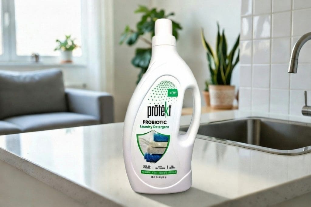 Protekt Probiotic Laundry Detergent: Gentle, effective, and safe for your family and septic system White bottle of Protekt probiotic laundry detergent on kitchen counter, featuring green probiotic shield label with text 'Probiotic Laundry Detergent' and benefits like septic-safe, probiotic active, and eco-friendly.