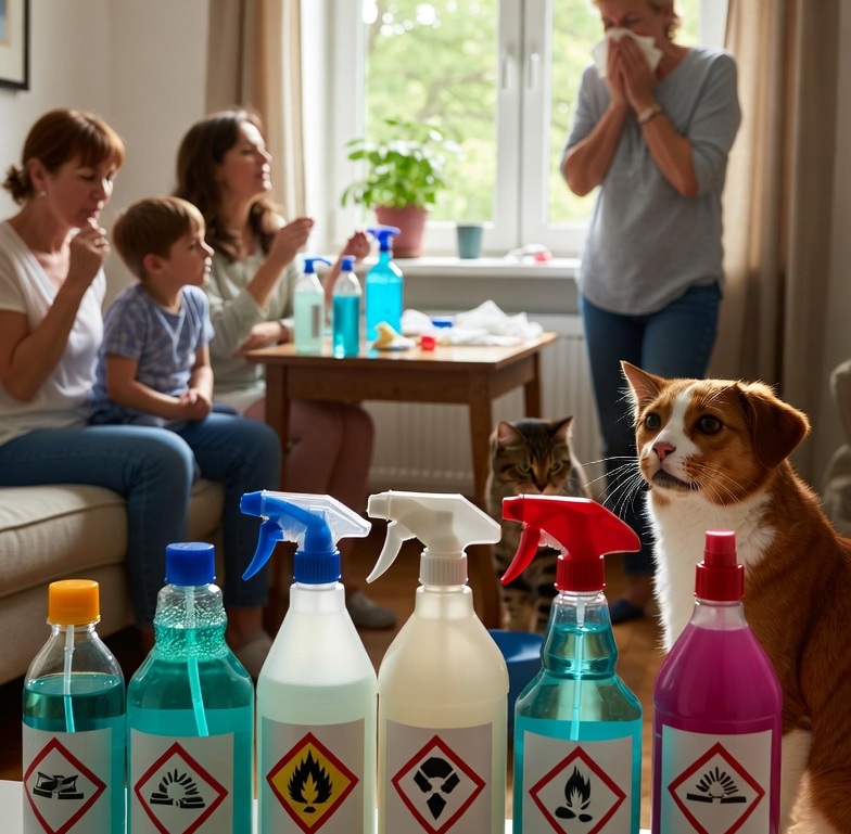 Family reacting to toxic fumes from hazardous cleaning chemicals – choose safer probiotic cleaners instead. Row of household cleaning spray bottles labeled with hazardous chemicals like ammonia, benzene, and formaldehyde in the foreground, while a family with children and pets coughs and covers their noses in the background living room..