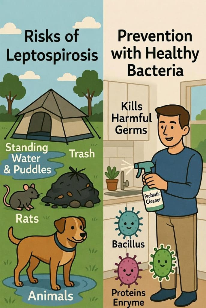 Leptospirosis risks vs. prevention with probiotic cleaners & Bacillus bacteria Cartoon infographic: left side shows leptospirosis risks from rats, standing water, trash and dogs in Berkeley encampment; right side shows person using probiotic cleaner with friendly Bacillus bacteria producing proteins and enzymes to kill harmful germs for home safety.