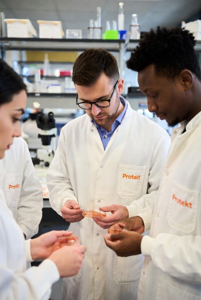 Protekt biologists collaborating on petri dish probiotic research Three focused Protekt biologists in white lab coats with "Protekt" on pockets, collaboratively examining petri dishes in a modern corporate laboratory, candid shot showing teamwork and scientific research in progress.