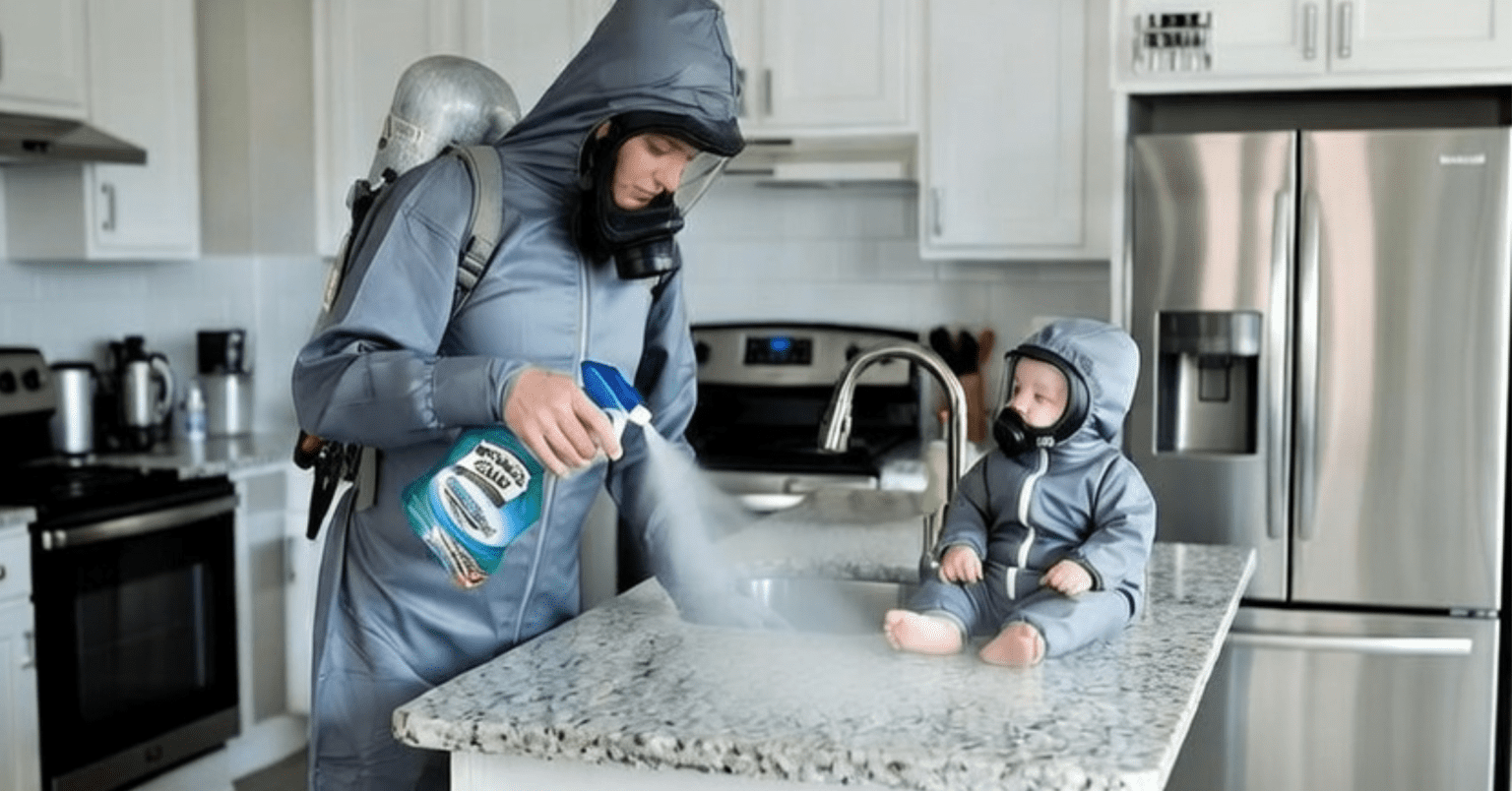 Parent and child wearing full hazmat suits and respirators while spraying chemical cleaner on kitchen counter, satirizing the hidden health risks of toxic household cleaning products.