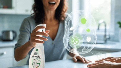Family safely spraying Protekt probiotic cleaner on kitchen counter for biofilm disruption and home protection