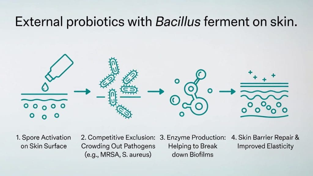 Infographic of external probiotics skin MRSA mechanism – competitive exclusion and skin barrier support with Bacillus ferment