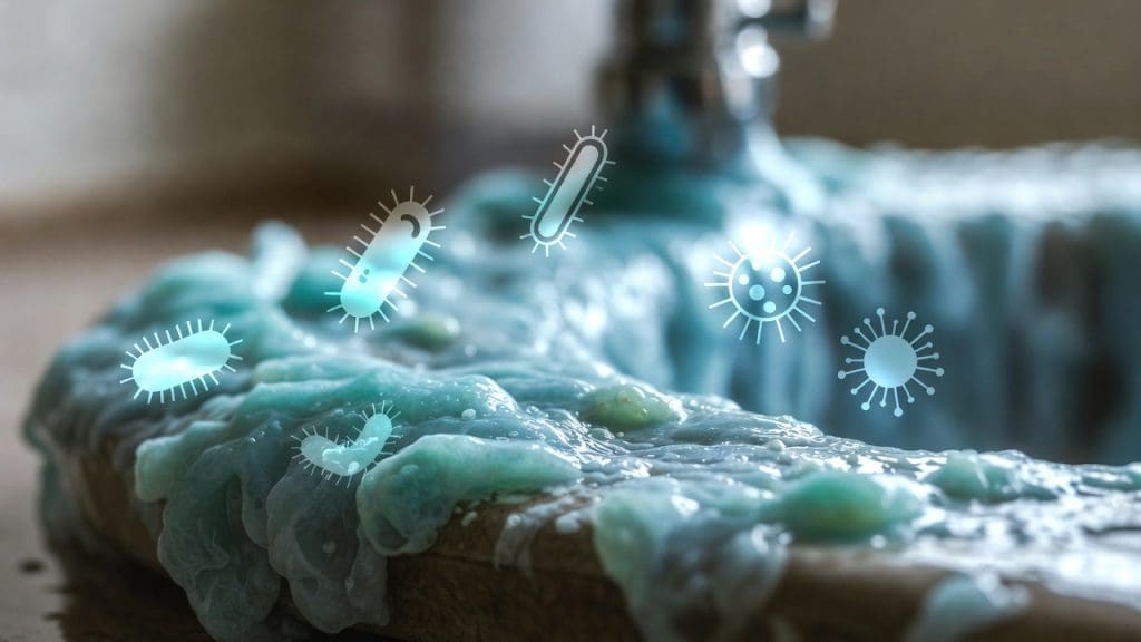 Bacterial biofilm hiding superbugs like MRSA on kitchen counter for AMR spread