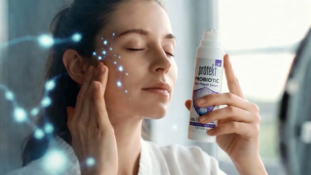 Person applying probiotic skin repair serum as part of external probiotics skin MRSA daily routine