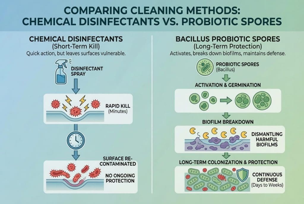 Probiotic based sanitation AMR vs chemical disinfectants – long-term protection comparison