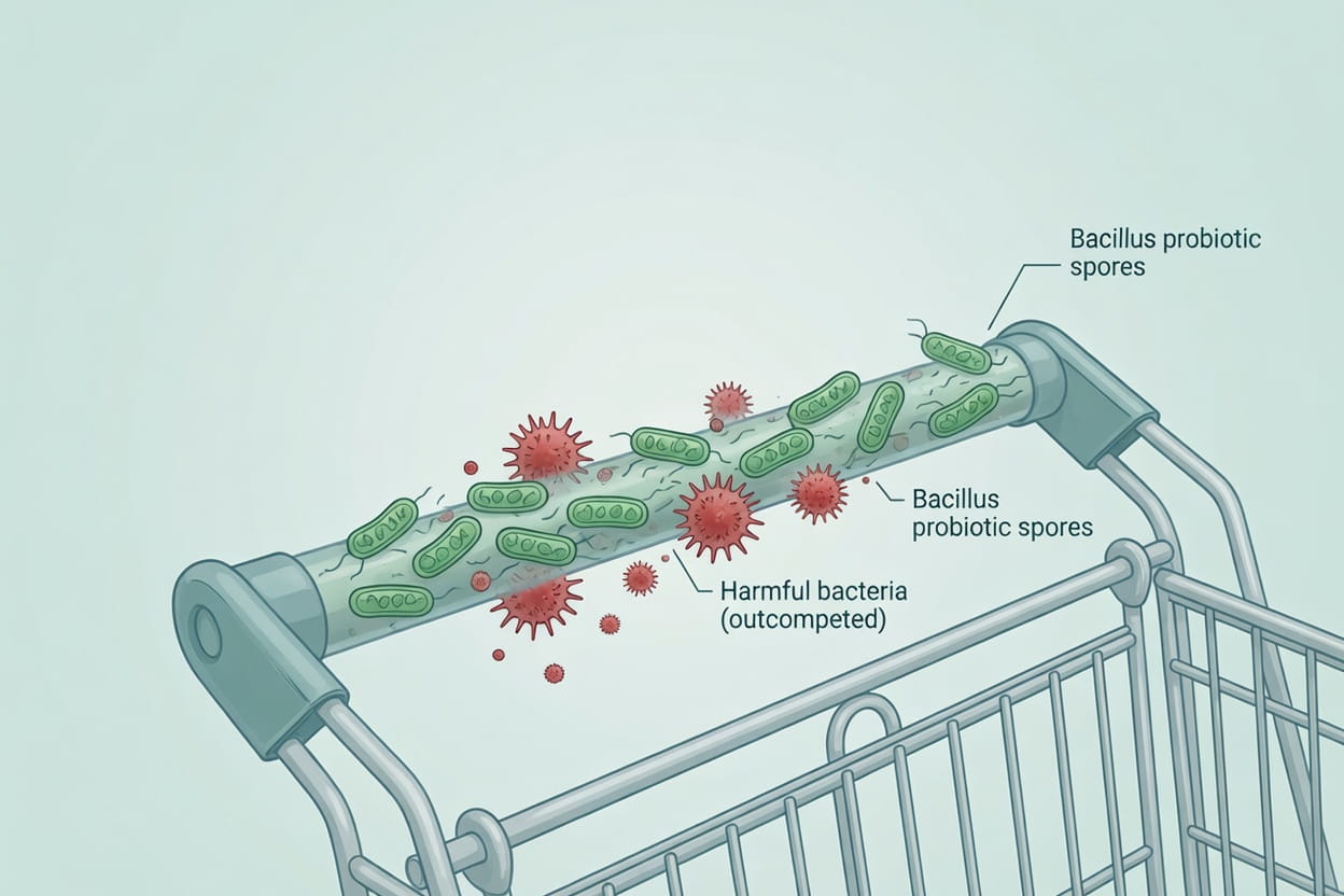 Probiotic based sanitation AMR – Bacillus spores colonizing surface and outcompeting harmful bacteria