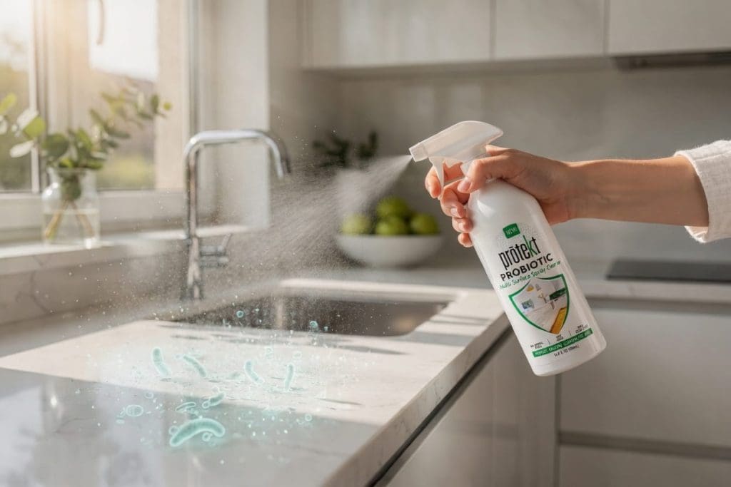 Family using Bacillus cleaner on kitchen surface