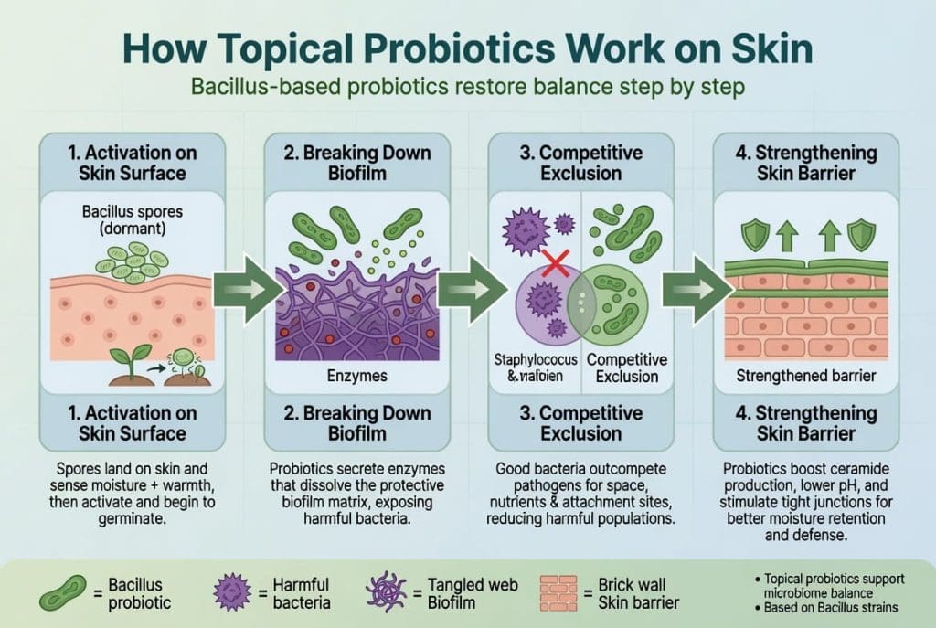 Probiotic skin serum rosacea mechanism – Bacillus ferment supporting skin barrier and reducing inflammation