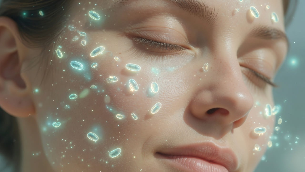 Probiotic skin serum rosacea relief showing calm skin with Bacillus probiotic support