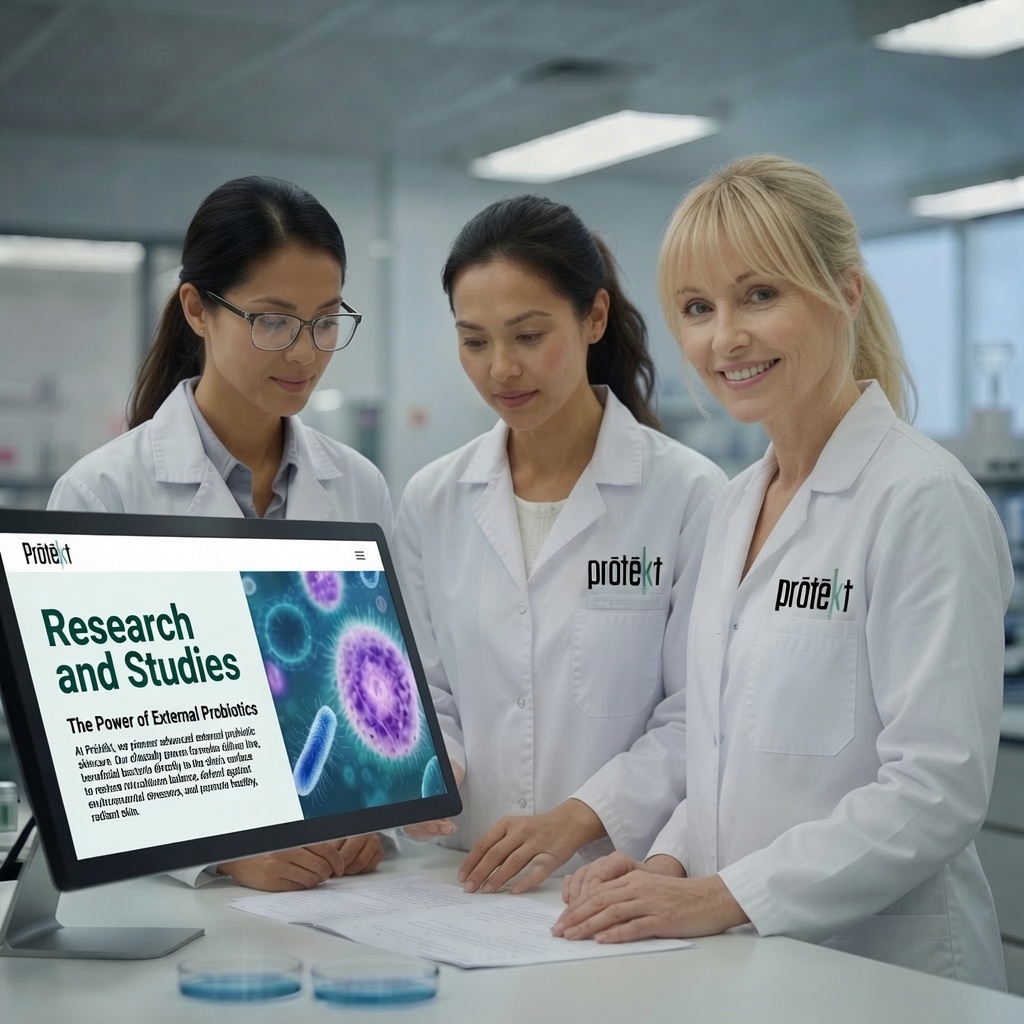 About Prōtēkt Probiotics Company - Scientific research team reviewing external probiotic studies in modern laboratory