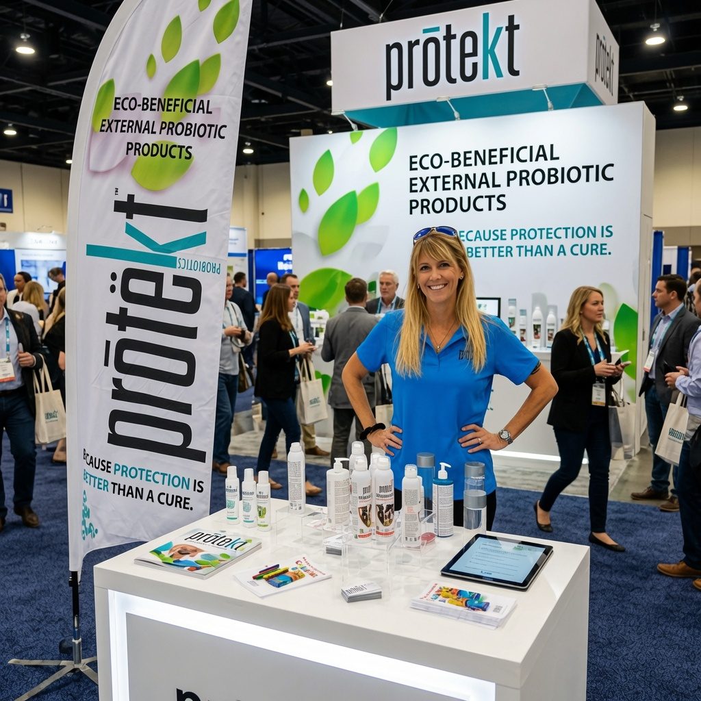 Prōtëkt® probiotic products trade show booth with founder at eco-friendly natural cleaning and skin care exhibition